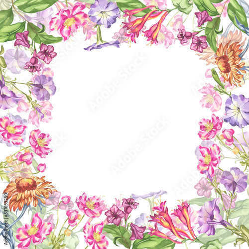 Watercolor illustration of garden flowers. Colorful flowers and leaves. Frames for the design of invitations and cards.