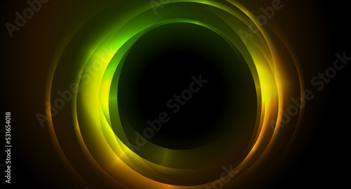 Green and orange neon glowing glossy circles abstract background. Vector futuristic design