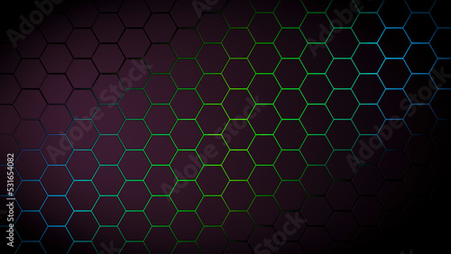 Fototapeta Naklejka Na Ścianę i Meble -  3d hexagon black background. Technology abstract geometry dark backdrop with honeycomb and neon texture. Science, technology, network concept