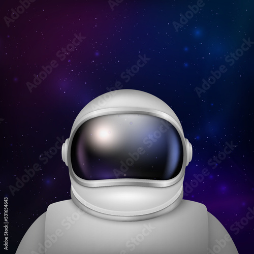 Vector 3d Realistic Spaceman, Astronaut. Spacesuit, Astronaut Helmet on Space Background. Cosmonaut Suit with Transparent Glass Visor for Space Exploration. White Suit for Spaceman, Protection