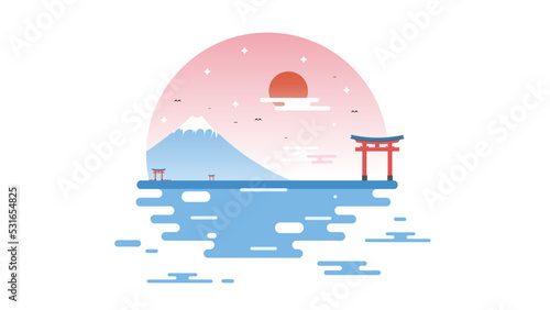 Japanese Pink Sky Landscape with Torii Gate Simple Design