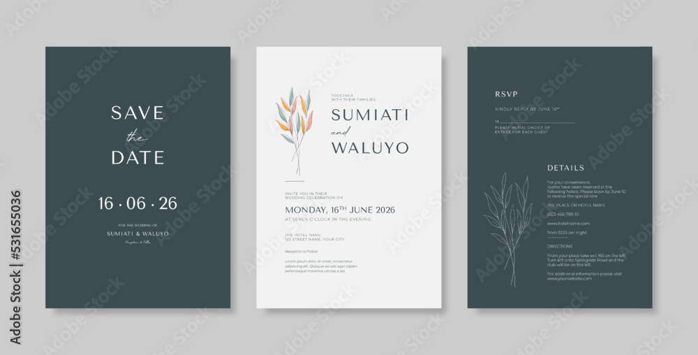 Green engraved wedding card design template. set of luxury wedding invitation with engraved leaves. green minimalist wedding invitation template