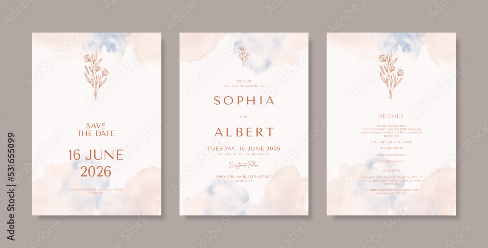 Beautiful and minimalist wedding card template with watercolor texture. set of wedding invitation with line art flower