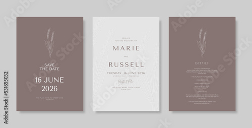 Beautiful brown engraved wedding invitation template. set of wedding invitation template with beautiful flower. engraved wedding invitation template