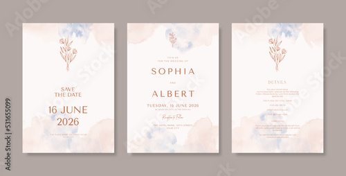 Beautiful and minimalist wedding card template with watercolor texture. set of wedding invitation with line art flower © bacapola