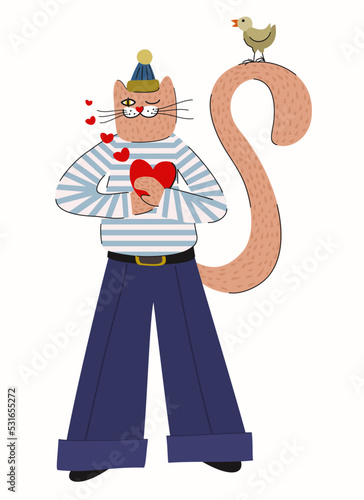 Red cat holding a heart in striped jumper and bell-bottomed trousers with a bird sitting on his tail. Lve concept. Vector isolated illustration. Happy Valentine's Day.