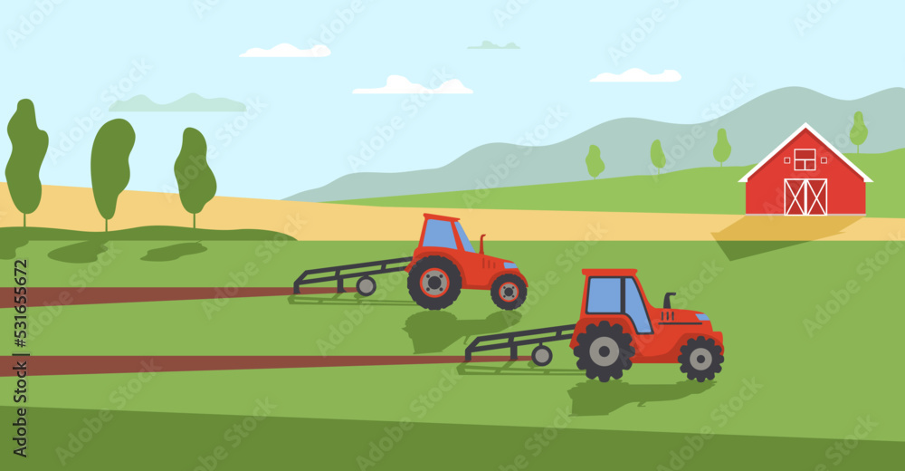 Fototapeta premium Agriculture and farming. Rural landscape.Agriculture company.Tractor cultivating field barn.Tractor plowing a field for planting crops.Vector flat illustration.