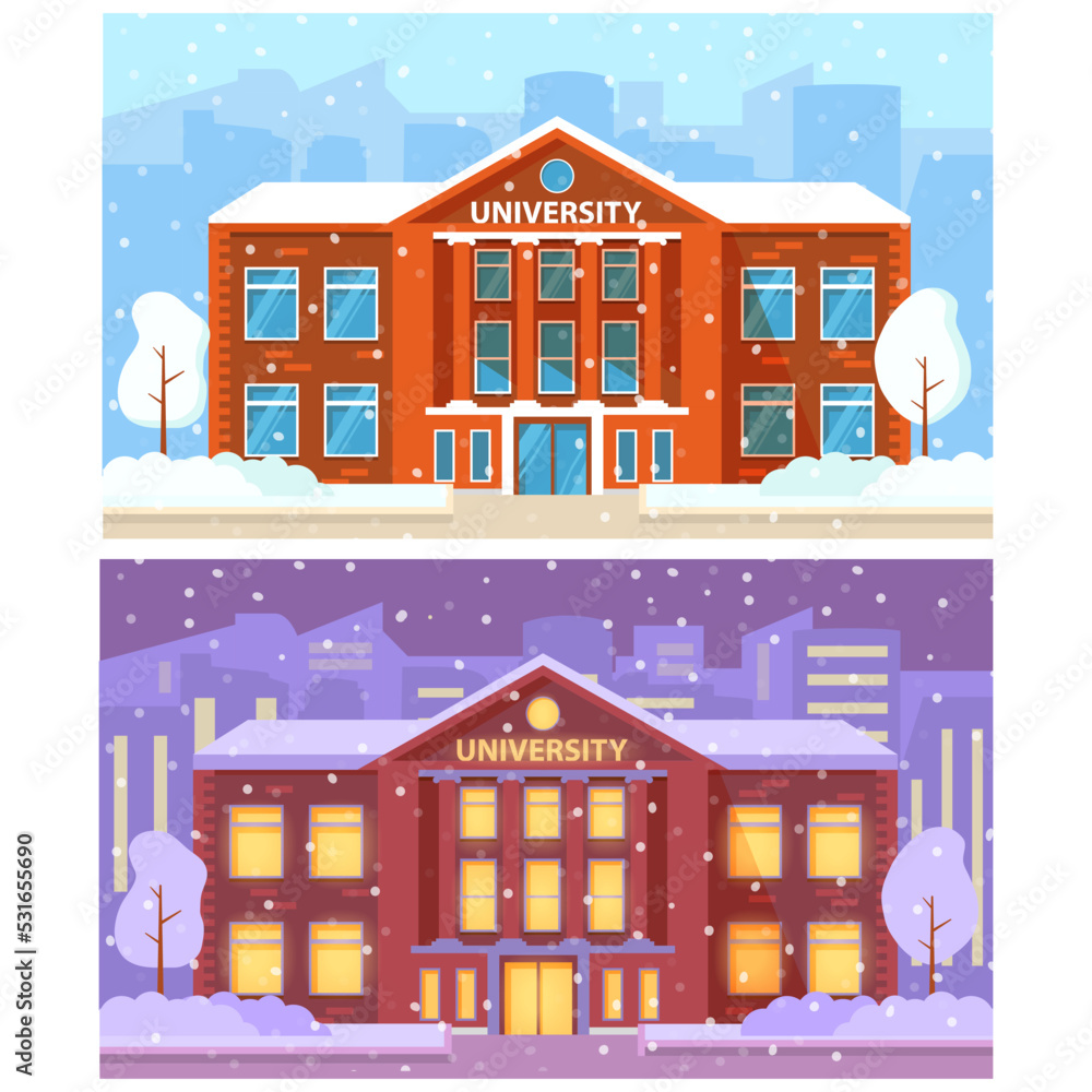 Winter university campus building night and day.Higher education institutions.Vector flat illustration.
