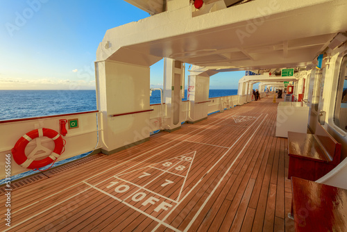 A shuffleboard court on the deck of a cruise liner
