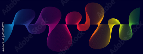 Abstract sound wave. Gradient colorful hues, wavy lines. Isolated vector illustration, dark blue background. Asset for banner, overlay, business presentation. Tech concept.