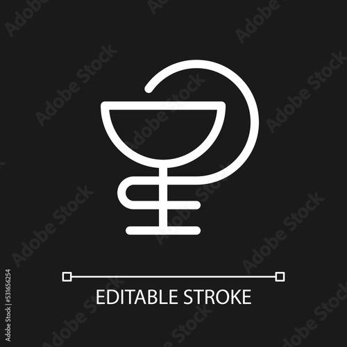 Bowl of Hygieia pixel perfect white linear ui icon for dark theme. Pharmaceutical symbol. Vector line pictogram. Isolated user interface symbol for night mode. Editable stroke. Arial font used