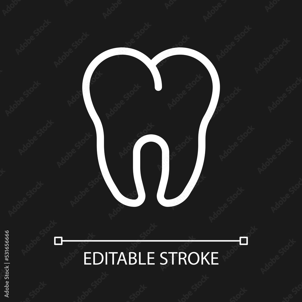 Molar pixel perfect white linear ui icon for dark theme. Dental clinic. Toothache treatment. Vector line pictogram. Isolated user interface symbol for night mode. Editable stroke. Arial font used Molar pixel perfect white linear ui icon for dark theme. Dental clinic. Toothache treatment. Vector line pictogram. Isolated user interface symbol for night mode. Editable stroke. Arial font used