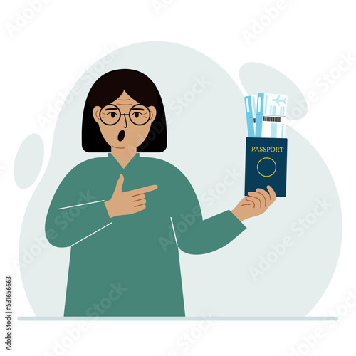 A woman holds a passport with air tickets. The woman shows the boarding pass. Travel concept.