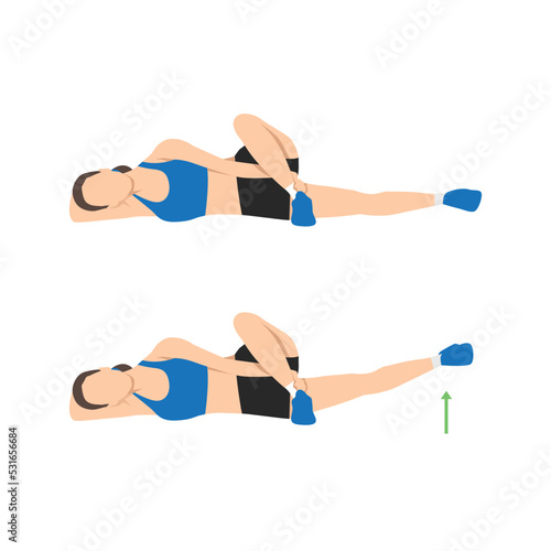 Woman doing Lying Crossover Leg Lift Exerciase in 2 steps. Illustration about workout diagram for muscles stretch, leg, thing, hip. Flat vector illustration isolated on white background