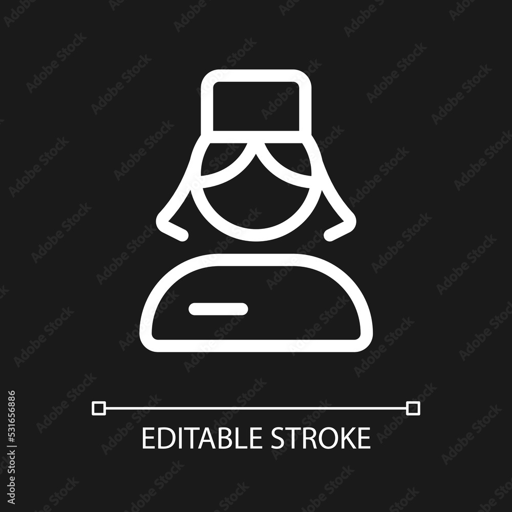 Nurse pixel perfect white linear ui icon for dark theme. Professional assistant. Female doctor. Vector line pictogram. Isolated user interface symbol for night mode. Editable stroke. Arial font used Nurse pixel perfect white linear ui icon for dark theme. Professional assistant. Female doctor. Vector line pictogram. Isolated user interface symbol for night mode. Editable stroke. Arial font used