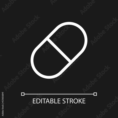 Capsule pixel perfect white linear ui icon for dark theme. Oral medication. Pill prescript. Vector line pictogram. Isolated user interface symbol for night mode. Editable stroke. Arial font used