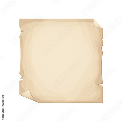 Old parchment paper, page empty medieval letter in cartoon style isolated on white background. Game asset, grunge frame, manuscript.