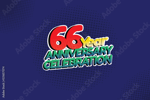 66 year anniversary celebration fun style logotype. anniversary logo with red, purple and blue color isolated on red background, vector design for celebration, invitation and greeting card - Vector