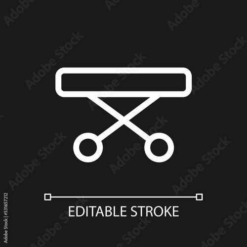 Medical gurney pixel perfect white linear ui icon for dark theme. Ambulance equipment. Vector line pictogram. Isolated user interface symbol for night mode. Editable stroke. Arial font used