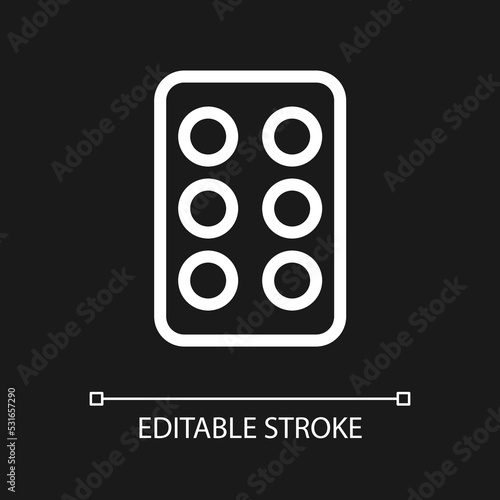 Pills in blister pack pixel perfect white linear ui icon for dark theme. Oral medication. Vector line pictogram. Isolated user interface symbol for night mode. Editable stroke. Arial font used