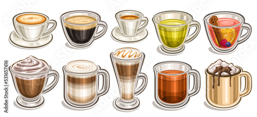 Vector Coffee and Tea set, lot collection of different cut out illustrations of porcelain coffee cup, clear mug with hot dark beverage, whipped cappuccino, tall glass with layered sweet coffee drink photo