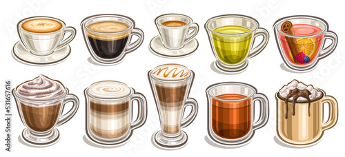 Vector Coffee and Tea set, lot collection of different cut out illustrations of porcelain coffee cup, clear mug with hot dark beverage, whipped cappuccino, tall glass with layered sweet coffee drink