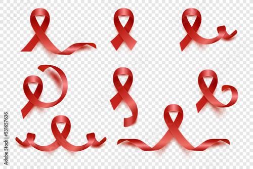 Vector 3d Realistic Red Ribbon Set. Leukemia Cancer Awareness Symbol Closeup. World Aids Day. Blood Cancer Ribbon Template. World Leukemia Cancer Day Concept