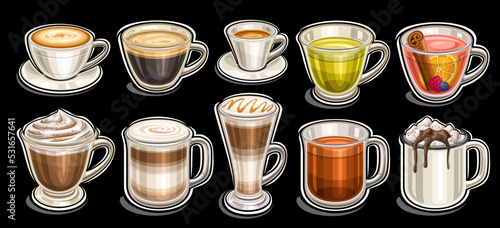 Vector Coffee and Tea set, large group of variety cut out illustrations porcelain coffee cup, clear mug with hot dark beverage, cartoon design whipped cappuccino, layered coffee dessert in tall glass