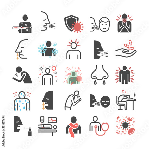 Upper respiratory tract infections URI or URTI. Symptoms, Treatment. Line icons set. Vector signs for web graphics.