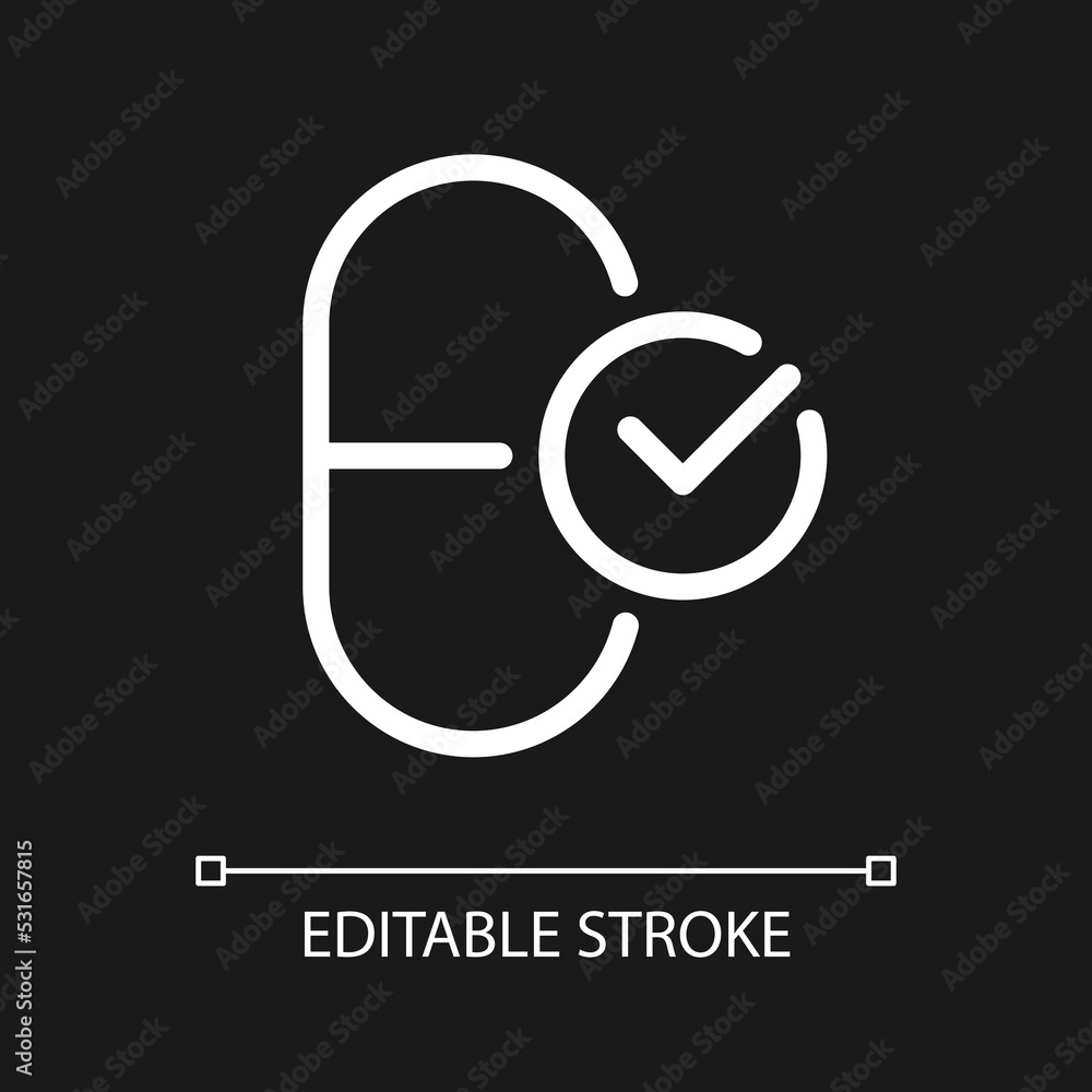 Take medication pixel perfect white linear ui icon for dark theme. Correct therapy. Vector line pictogram. Isolated user interface symbol for night mode. Editable stroke. Arial font used Take medication pixel perfect white linear ui icon for dark theme. Correct therapy. Vector line pictogram. Isolated user interface symbol for night mode. Editable stroke. Arial font used