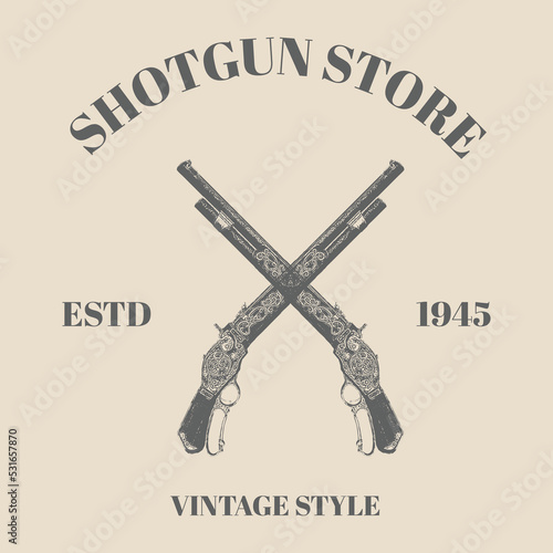 Logo Cross Hunting shotgun. Suitable for Advertising, Hunt Equipment, Club And Other Use. Dark Brown Retro Style. Vector Illustration template design