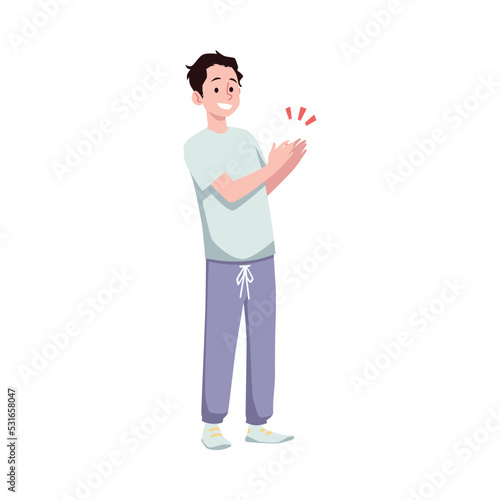 Happy man applauds with bravo gesture, flat vector illustration isolated.