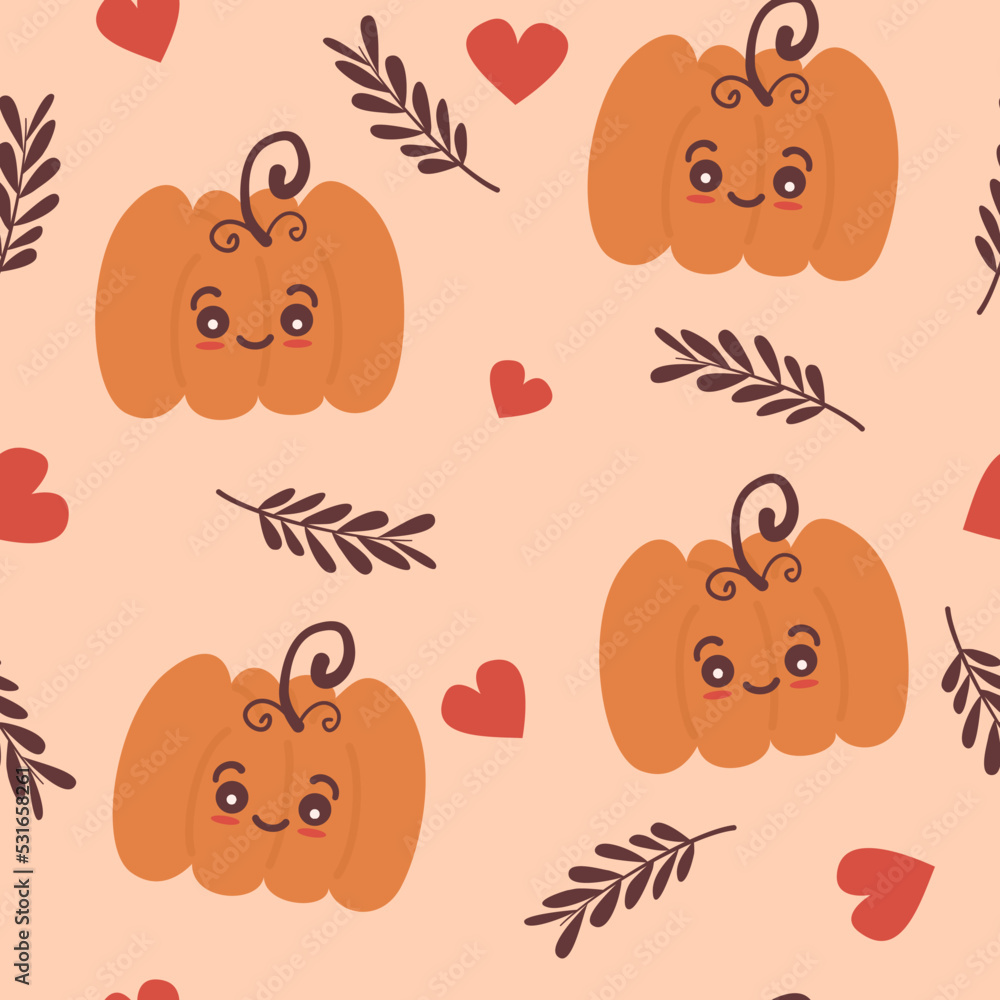 Fototapeta premium cute lovely autumn season seamless vector pattern background illustration with cartoon character orange baby pumpkins, brown leaves and red hearts