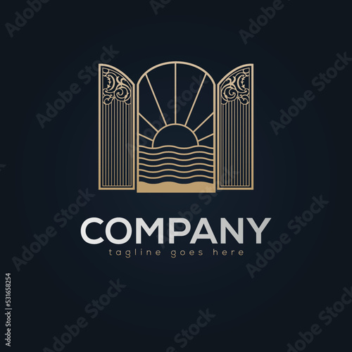 Fantastic Door Logo Design. Sun, Ocaean, Door Vector Design.