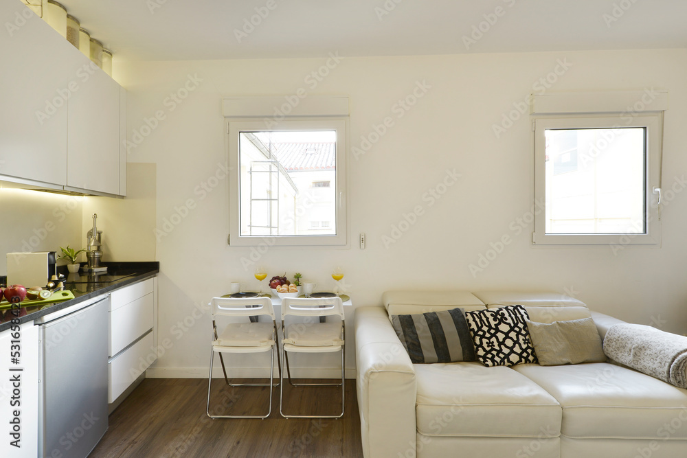 Studio apartment with open kitchen, folding table with fruit bowl and white leather sofa Studio apartment with open kitchen, folding table with fruit bowl and white leather sofa