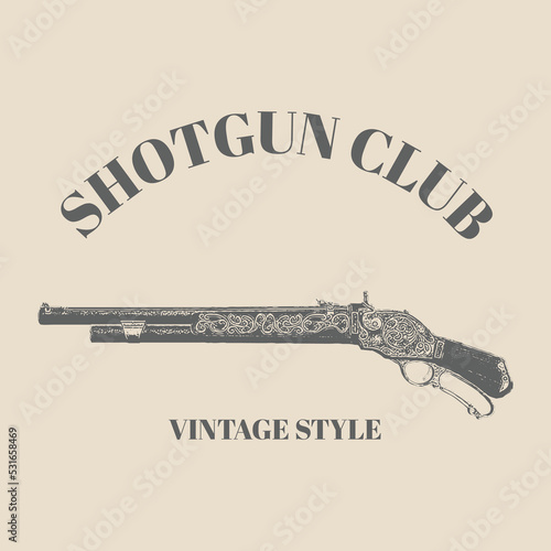 Logo Shotgun Hunting Vintage Style. Suitable for Advertising, Hunt Equipment, Club And Other Use. Dark Brown Retro Style. Vector Illustration template design
