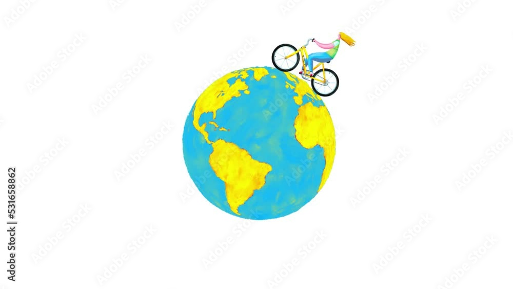 Woman character animated riding a bicycle around the earth planet globe. Paint hand made cartoon style seamless loop isolated. Good for titles journey travel theme. Motion design graphic animation. Woman character animated riding a bicycle around the earth planet globe. Paint hand made cartoon style seamless loop isolated. Good for titles journey travel theme. Motion design graphic animation.