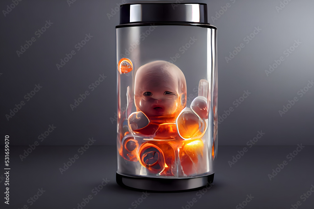 human baby embyo inside incubator breeding tank on gray background, ectogenesis concept, neural network generated art - obrazy, fototapety, plakaty 