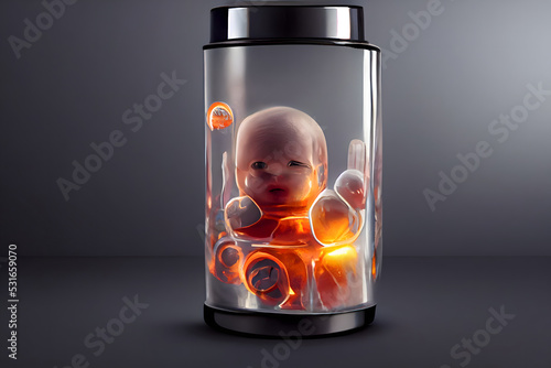 human baby embyo inside incubator breeding tank on gray background, ectogenesis concept, neural network generated art photo