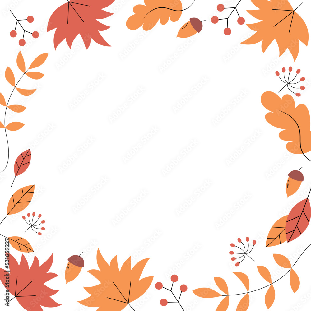 Autumn round background with different leaves, berries and acorns. Vector illustration frame of autumn leaves, banner template Autumn round background with different leaves, berries and acorns. Vector illustration frame of autumn leaves, banner template