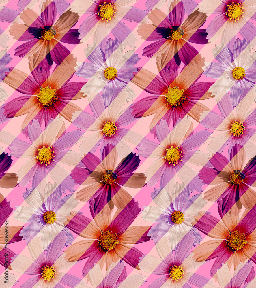 Abstract Real Calendula Daisy Flowers Diagonal Stripes Seamless Pattern Trendy Fashion Pattern Stylish Chic Colors Perfect for Allover Fabric Print
