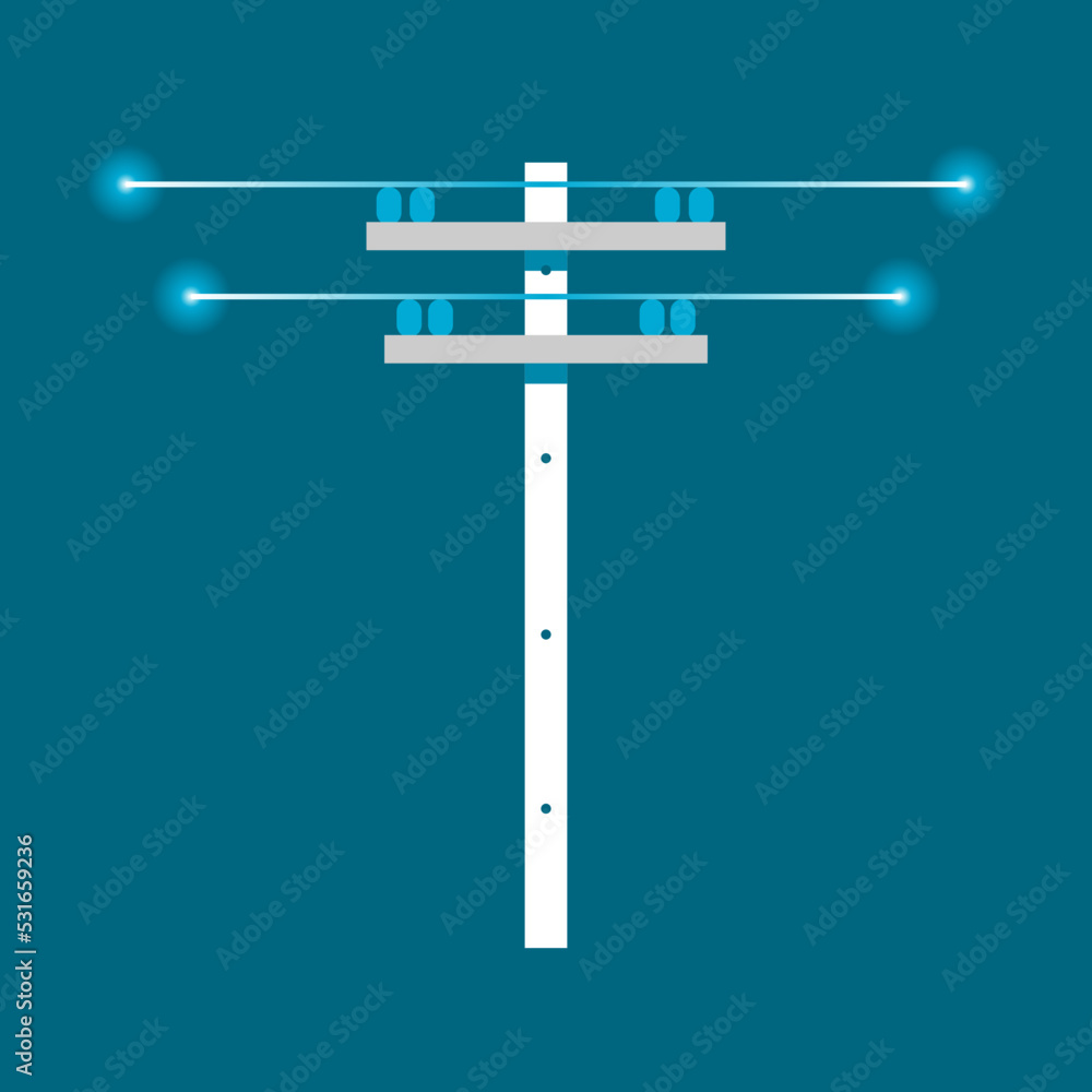 Obraz premium White high voltage power electric pole with glowing light dot on wire blue background flat vector icon design.