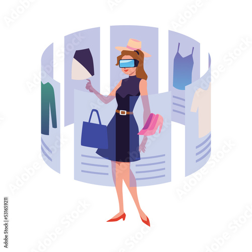 Shop with woman buying new clothes using virtual reality, flat vector isolated.