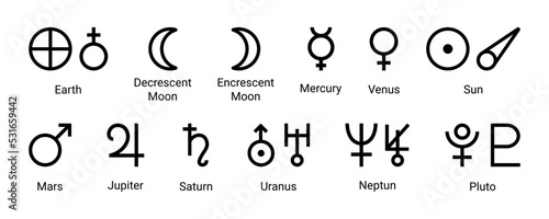 Simple alchemy icons, glyphs of planets. Set astrology and astronomy planet symbols. Outline icons, isolated on white background. Mystic planetary signs and symbols of ancient astrology and astronomy.