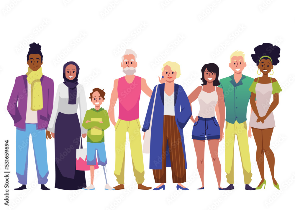 Fototapeta premium Diverse international and various ages people flat vector illustration isolated.