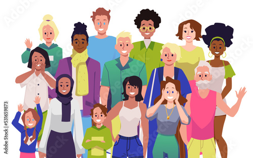 Group of smiling and waving people of different ages and nationalities flat style
