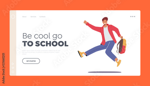 Teenager Pupil Character Jumping Landing Page Template. Happy Student Boy Jump with Rucksack in Hand. Back to School