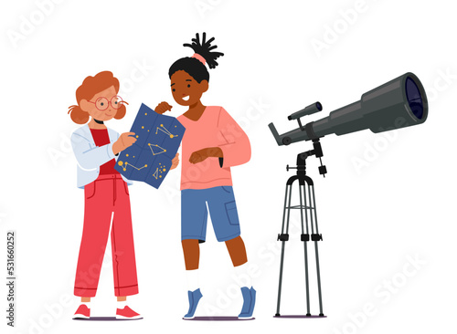 Astronomy Science, Kids Education. Little Girls Characters Learning Sky Map Stand near Telescope. Space Observation