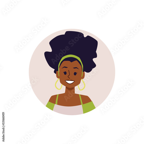 Circle avatar with smiling black woman, flat vector illustration isolated on white background.