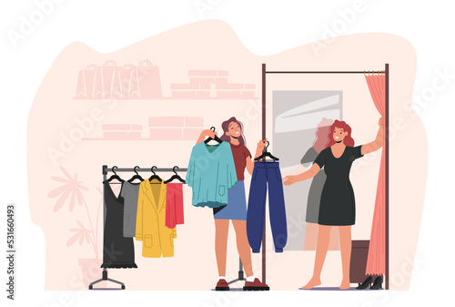 Young Woman Choose Fashioned Dress in Store, Sales Woman Assistant Offer Garment of New Collection Standing near Hanger